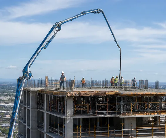 Bomba-lança lançando concreto em edifício